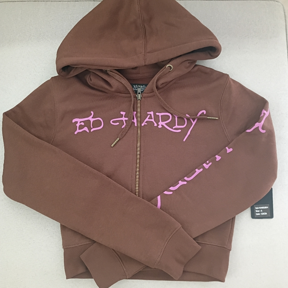 New Ed Hardy Classic Tiger Zip Front Cropped Hoodie